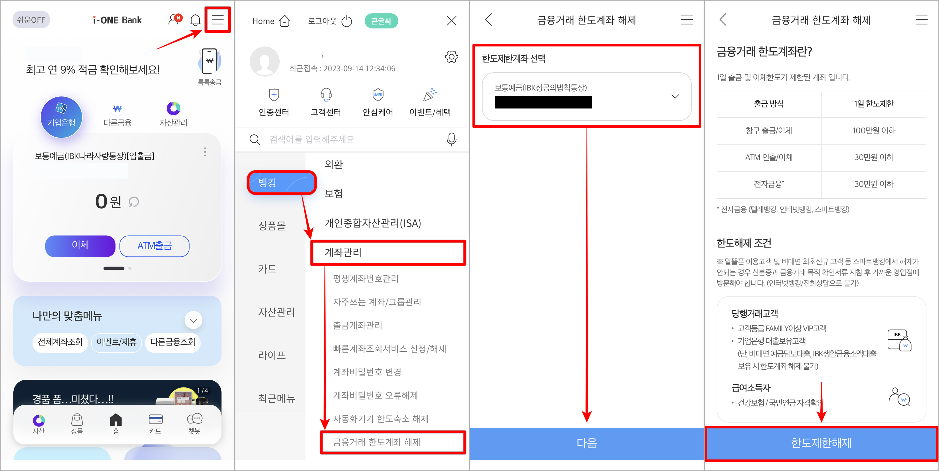 기업은행의 i-ONE 뱅크 앱을 통해 한도제한 해제를 신청하는 절차를 설명하고 있는 이미지