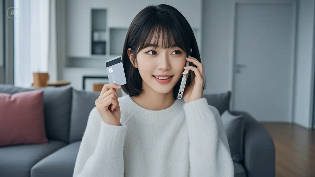 카드를 들고 통화하는 여성