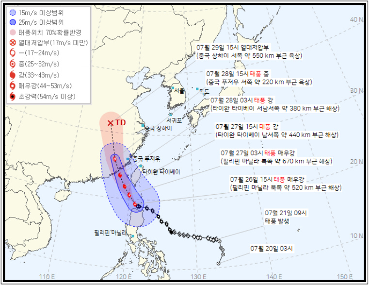 &amp;#39;23. 7. 26 15시 ~ 7. 29 15시 태풍 예상 경로_출처 : 기상청