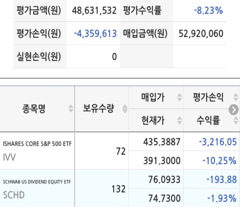  IVV, SCHD ETF 보유 매수 현황 47주차