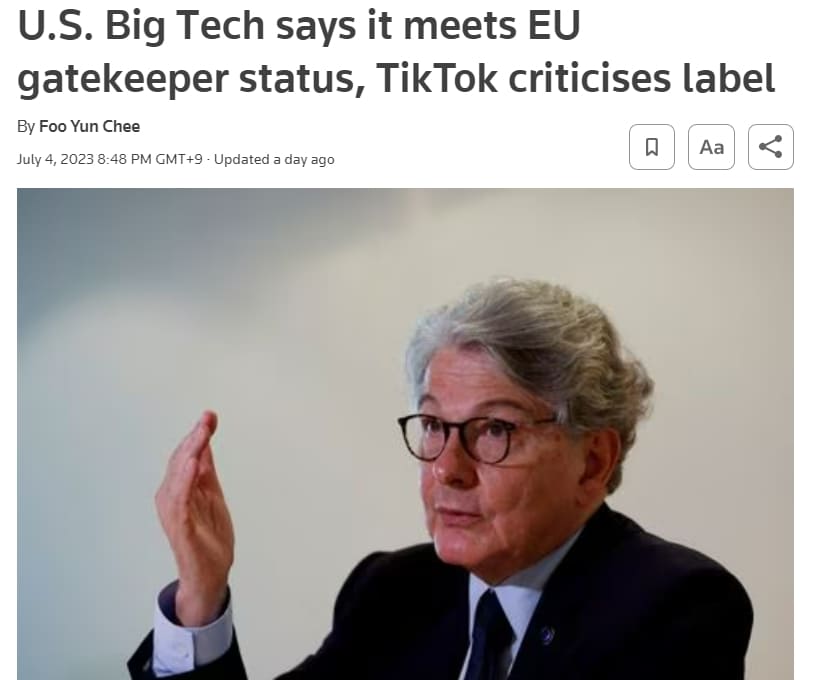  EU 디지털시장법(DMA)이란...삼성전자, 규제명단에 포함되나 U.S. Big Tech says it meets EU gatekeeper status, TikTok criticises label