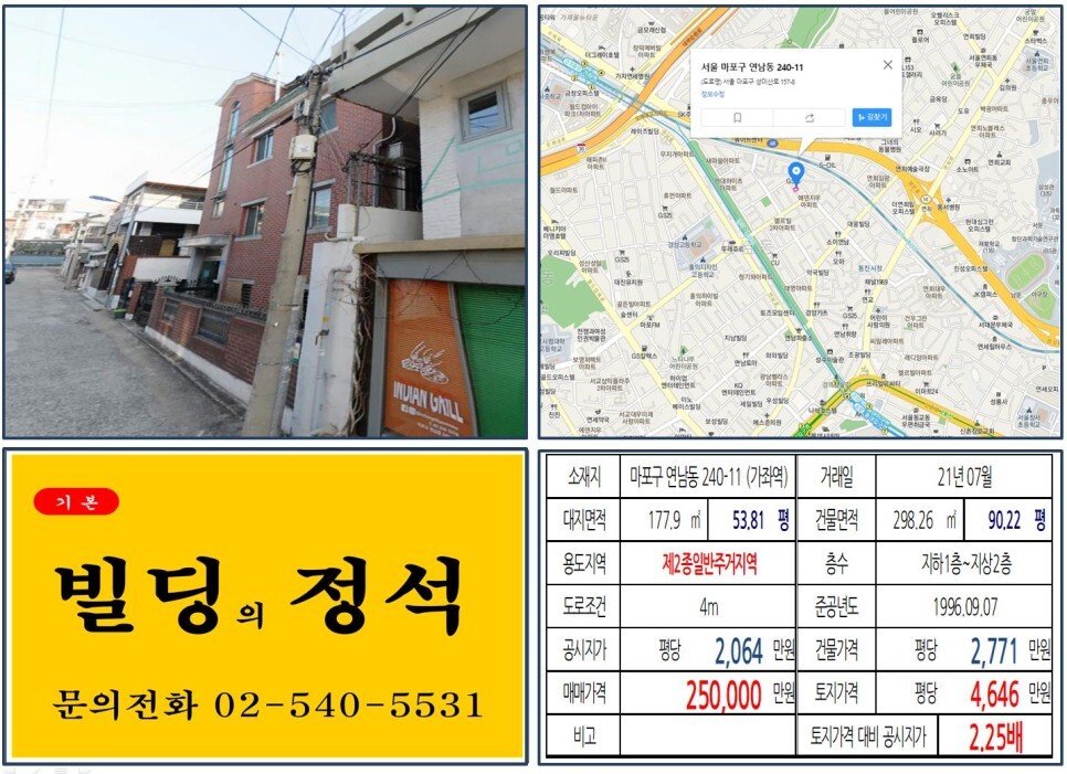  [마포구 연트럴파크 20억 꼬마빌딩 실거래가 조회] 연남동 240-11 (가좌역) 25억 원, 평당 4,646만 원 매매되었습니다.