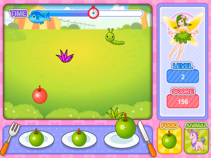 체리의-생일파티-초급-플래시게임-플레이-말에게-대접할-초록색-사과를-접시-위에-올려놓는-화면