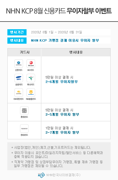 ▲ NHN KCP 07월 신용카드 무이자할부 이벤트