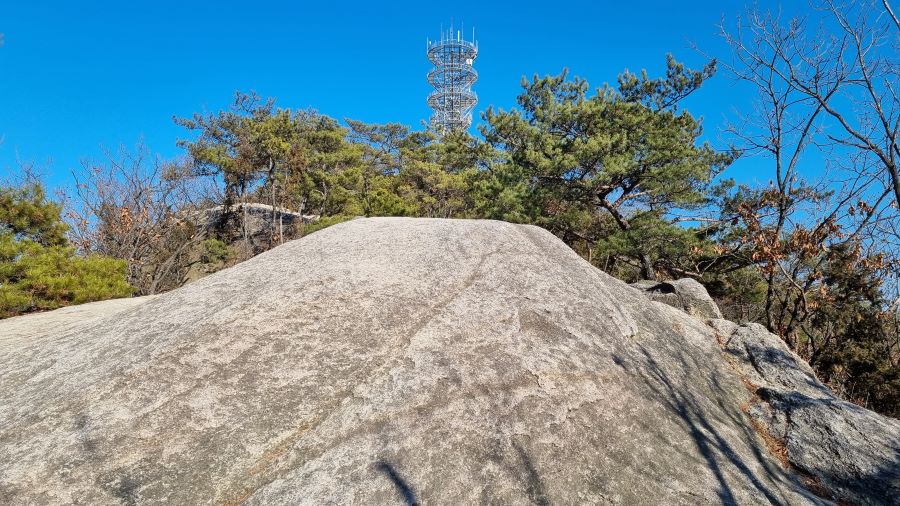 민둥바위&#44; 두로 소나무 숲&#44; 그 뒤로 가운데 우뚝 솟은 송신탑&#44; 푸른하늘&#44;