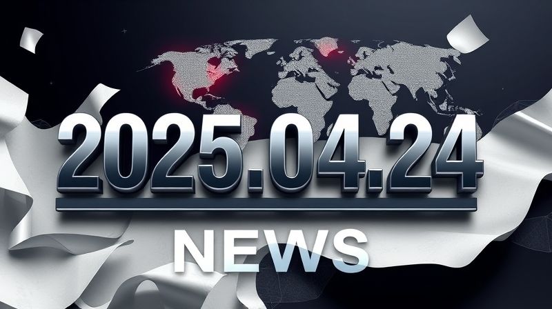 『2025년 4월 24일』 날짜가 굵은 글씨로 강조된 세련된 뉴스 테마 디자인, 세계 지도와 디지털 아이콘 등 추상 요소가 어우러진 현대적인 그래픽
