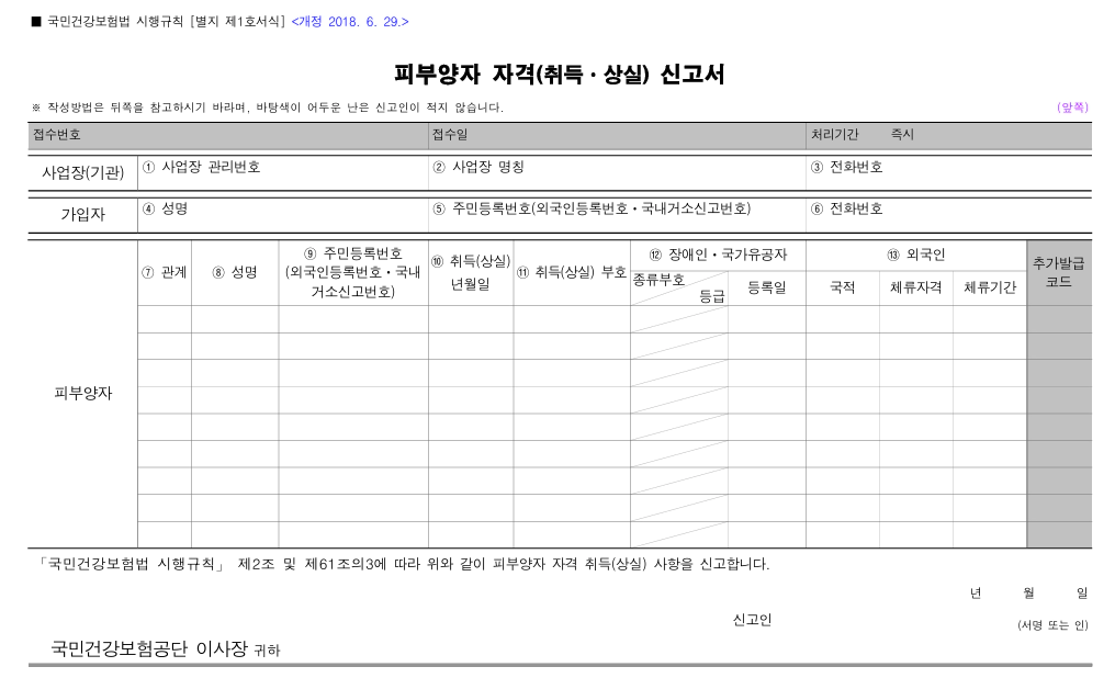 피부양자 자격(취득 상실) 신고서