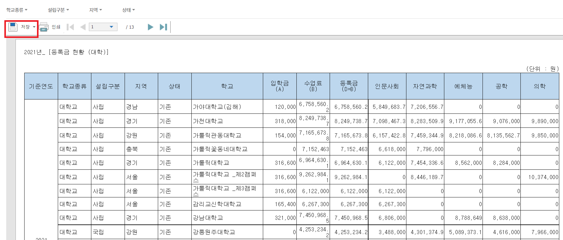 대학교 등록금 비교 검색 조회