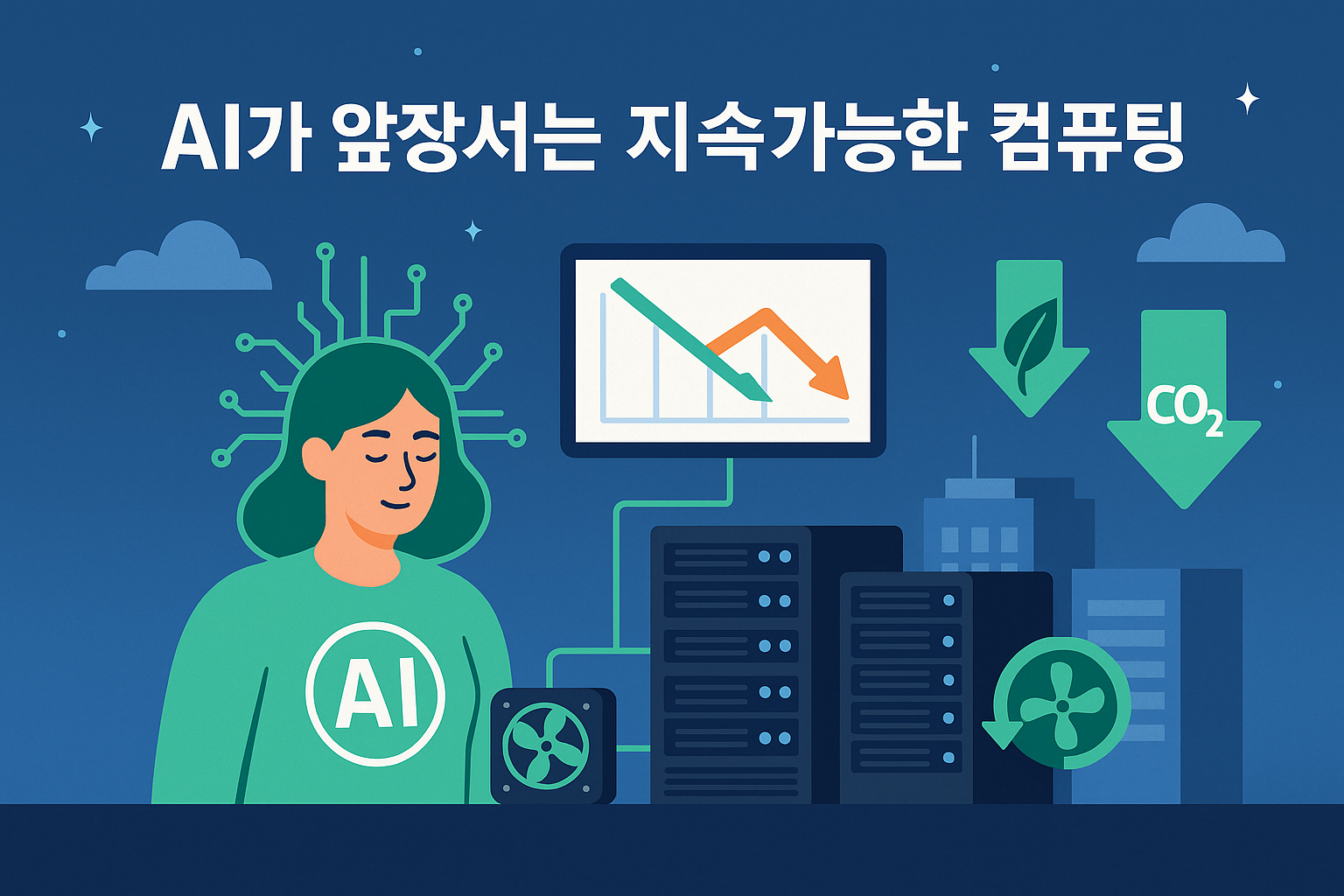 AI 기반 지속가능한 컴퓨팅을 상징하는 AI 캐릭터와 서버, 에너지 절감 그래프 일러스트