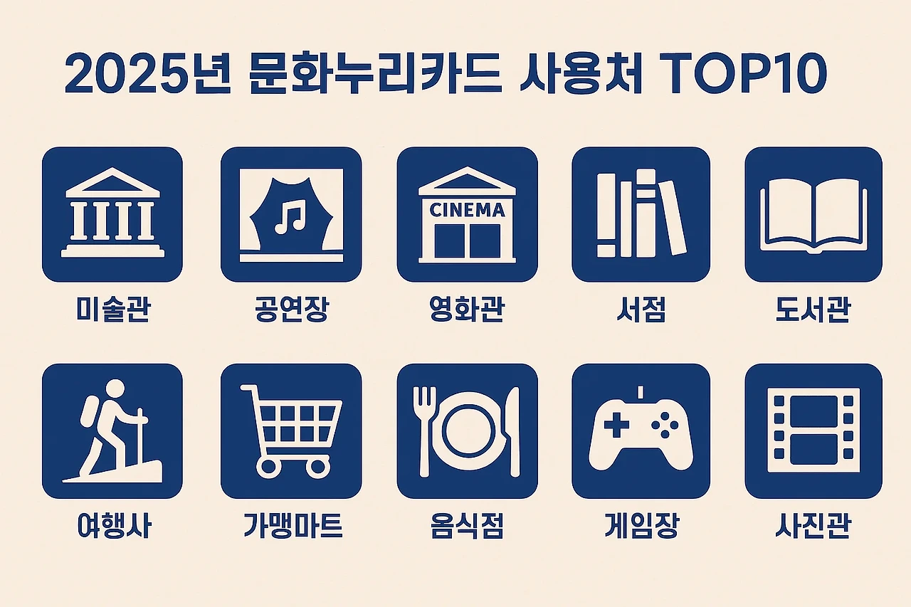 도서, 영화, 공연, 교통 등 문화누리카드 사용 가능한 분야 아이콘 이미지