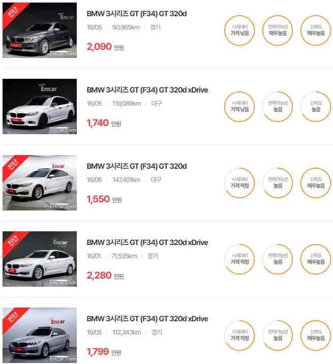 3시리즈 GT 2016년식 중고차 가격