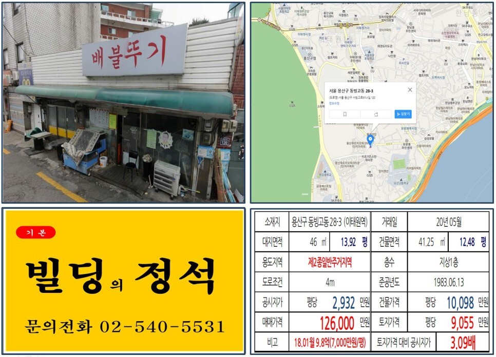  [용산구 한남3구역 재개발 10억 꼬마빌딩 실거래가 조회] 동빙고동 28-3 (이태원역) 12.6억 원, 평당 9,055만 원 매매되었습니다.