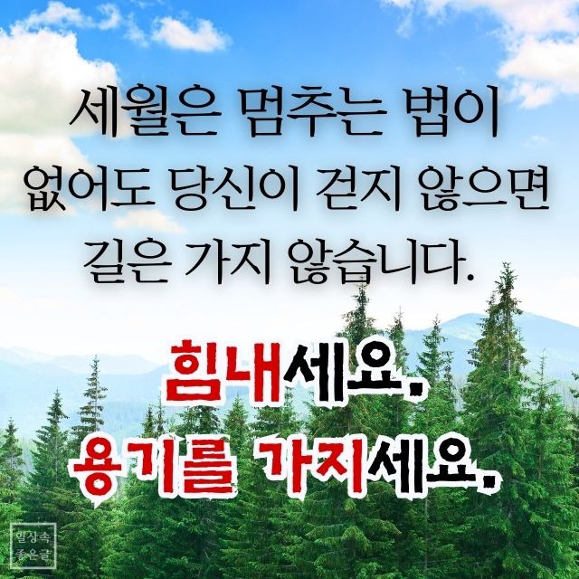 숲과 하늘 배경 속에 '세월은 멈추지 않아도 당신이 걸어야 길이 된다'는 희망 문구