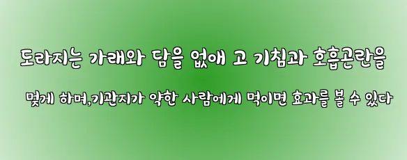  도라지는 가래와 담을 없애 고 기침과 호흡곤란을 멎게 하며,기관지가 약한 사람에게 먹이면 효과를 볼 수 있다
