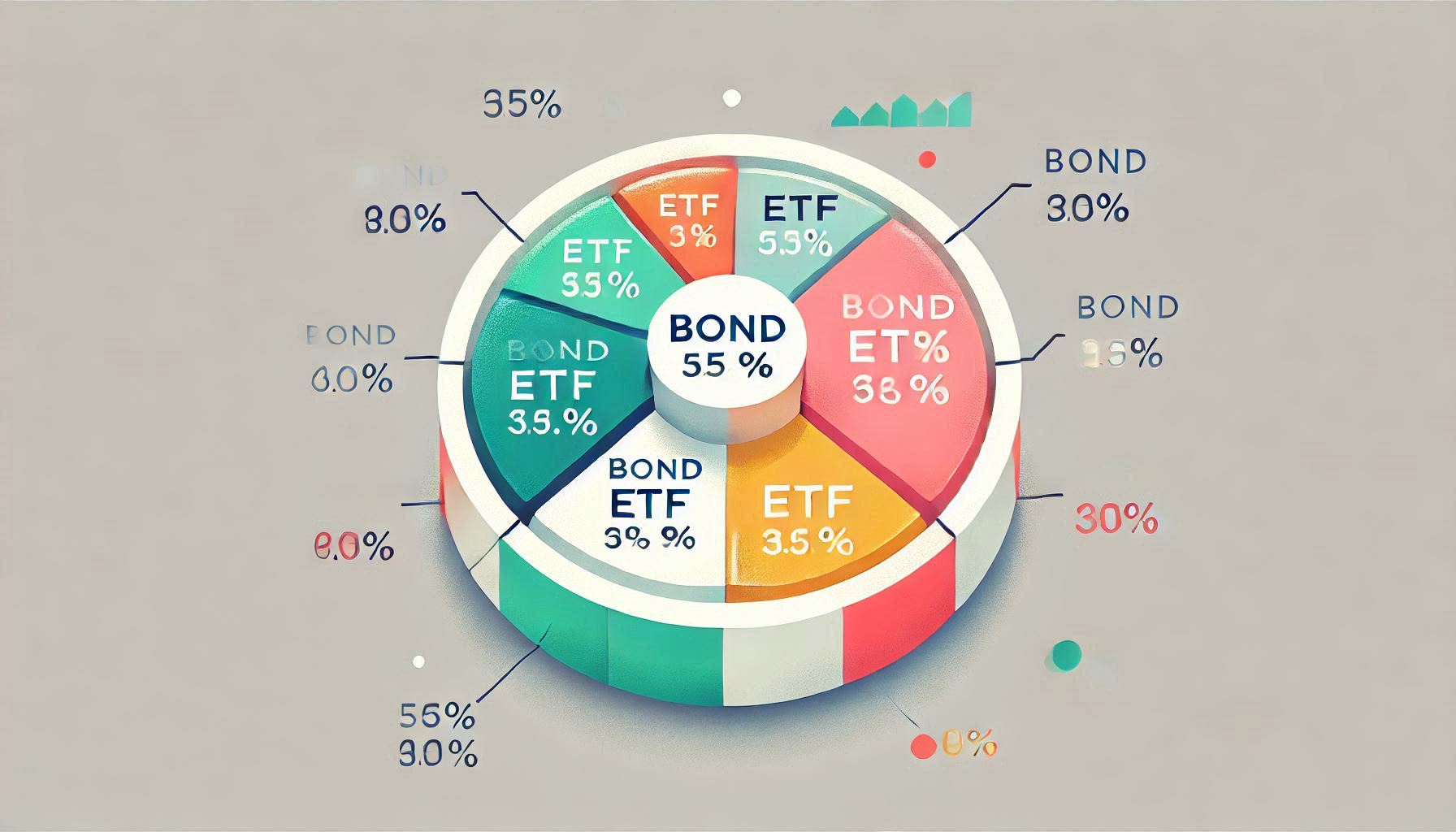균형 잡힌 투자 포트폴리오에서 채권 ETF의 비중을 보여주는 심플한 도넛 차트. 자산 배분 시각화