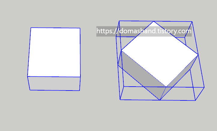 두 사각형이 같은 크기의 육면체이지만 그룹 박스가 물체를 잡지 못하는 중