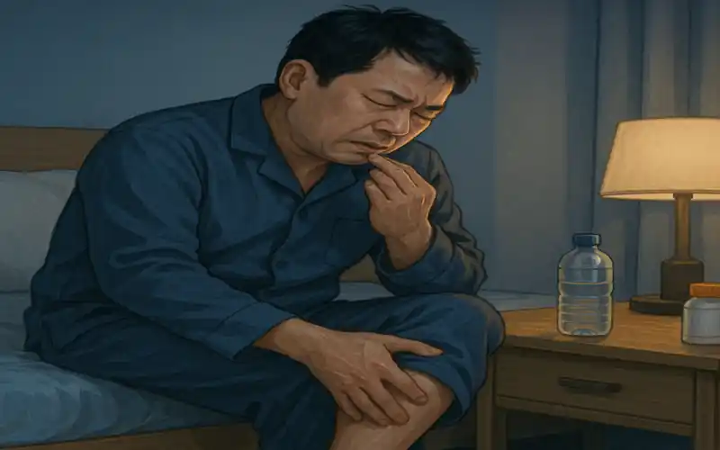 수면 중 종아리 근육 경련으로 고통을 느끼는 40대 남성의 모습