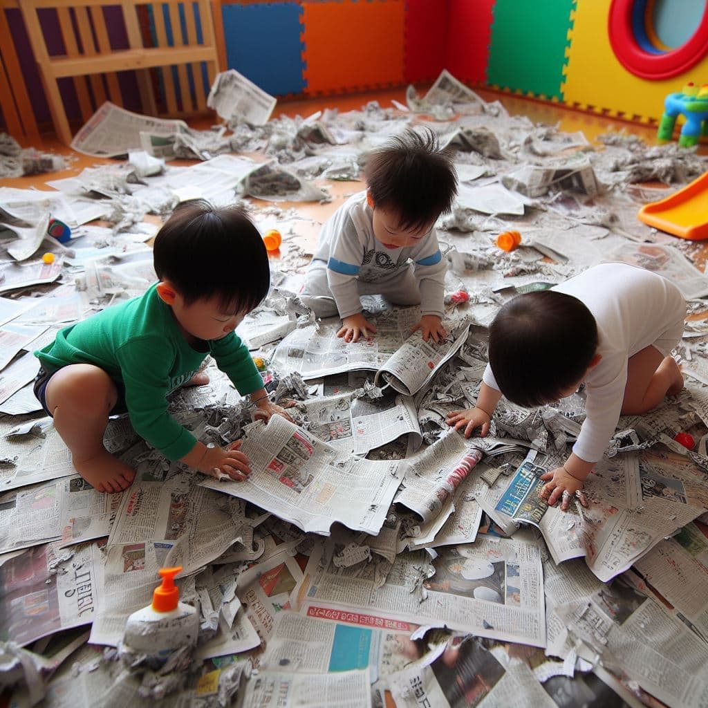 신문지를 찢으며 놀이하는 아이들