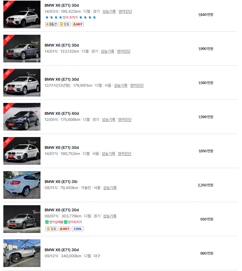 BMW X6 (E71)(08~14년식) 중고차 가격