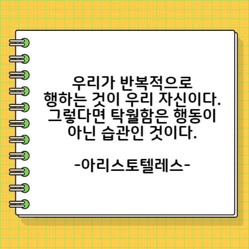우리가 반복적으로 행하는 것이 우리 자신이다. 그렇다면 탁월함은 행동이 아닌 습관인 것이다. 아리스토텔레스