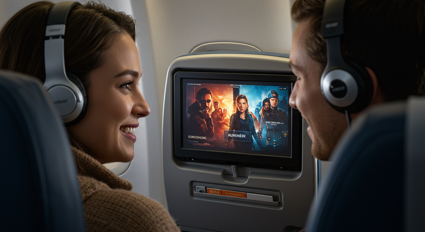 (Image Prompt: Passenger wearing headphones, smiling while watching a movie on the airplane's In-Flight Entertainment (IFE) screen. The screen shows a vibrant movie poster or game interface. Cozy cabin ambiance. Style: Lifestyle photo.)