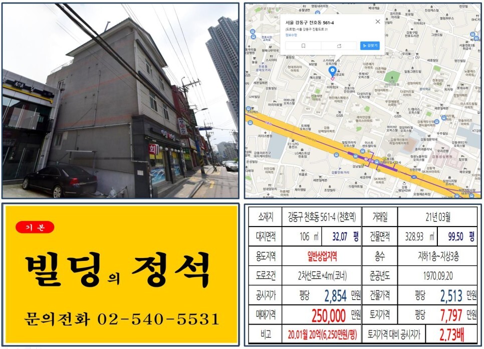  [강동구 일반상업지역 신축부지 20억 꼬마빌딩 실거래가 조회] 천호동 561-4 (천호역) 25억 원, 평당 7,797만 원 매매되었습니다. 천호1정비구역