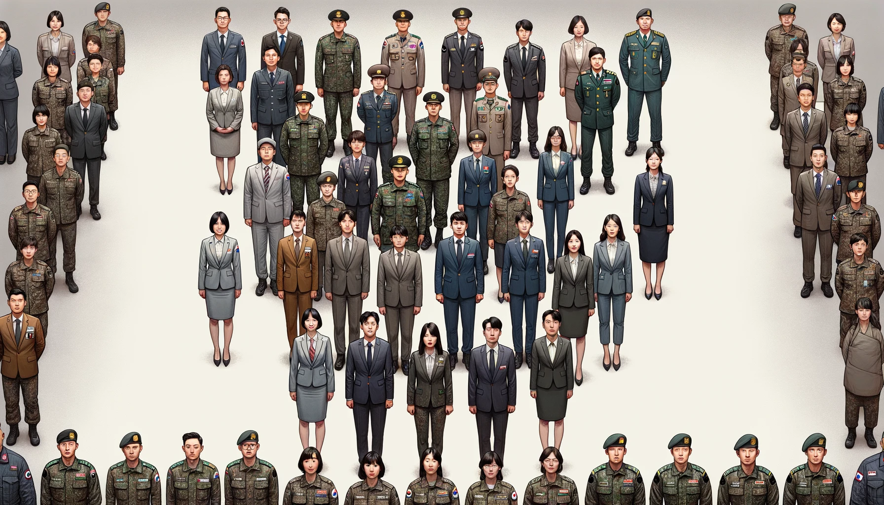 위 이미지는 한국군 여군과 남군&amp;#44; 그리고 공무원들의 남녀 비율을 균등하게 나타내는 디지털 일러스트레이션입니다. 좌측에는 다양한 계급을 대표하는 5명의 여성과 5명의 남성 군인(대한민국 육군)이 표준 군복을 입고 반원 형태로 서 있습니다. 우측에는 다른 정부 부서를 대표하는 5명의 여성과 5명의 남성 공무원들이 정장을 차려입고 역시 반원 형태로 서 있습니다. 배경은 중립적이며 전문적인 환경을 상징합니다. 이 일러스트레이션은 현실적인 스타일로 제작되었습니다.