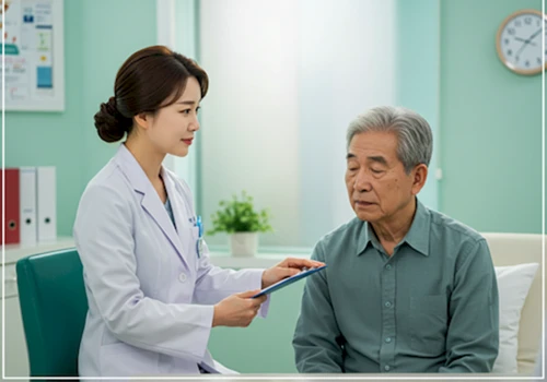 병원에서 친절한 한국인 의사와 상담하며 불면증에 대해 이야기하는 노인 환자. 전문적인 의료 도움의 필요성과 중요성을 나타냅니다.
