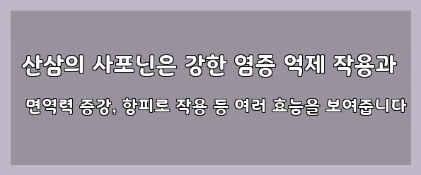  산삼의 사포닌은 강한 염증 억제 작용과 면역력 증강, 항피로 작용 등 여러 효능을 보여줍니다