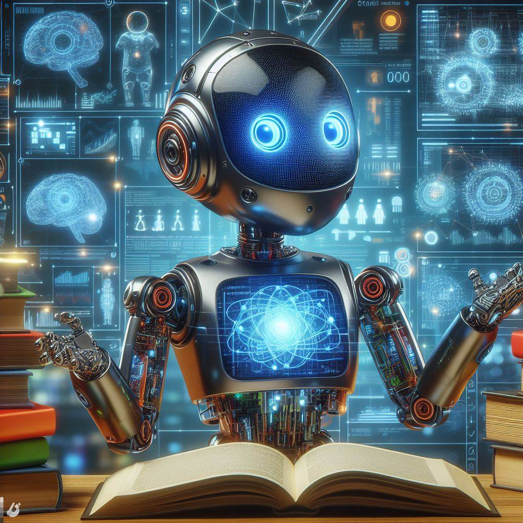AI이미지. 많은 자료를 학습하는 인공지능 로봇&#44; 지식에 통달하는 느낌