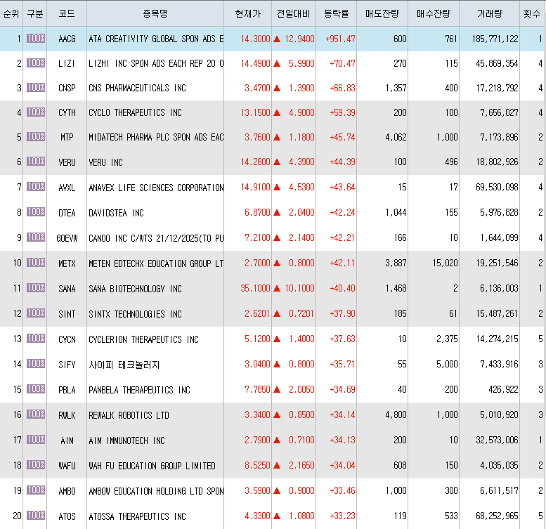  2월4일 미국주식 상승률 상위 종목 TOP 300