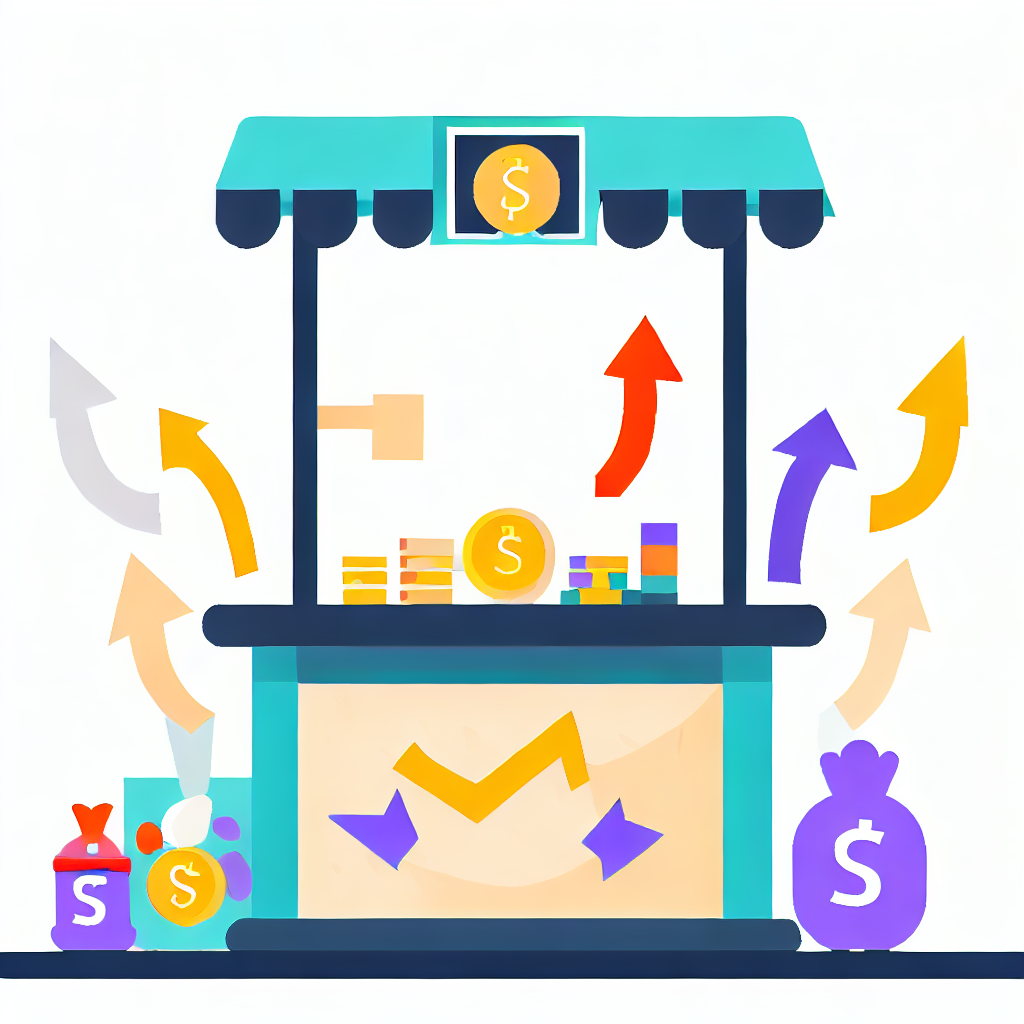 Flat vector style illustration of a currency exchange booth with various world currencies and arrows showing profits.