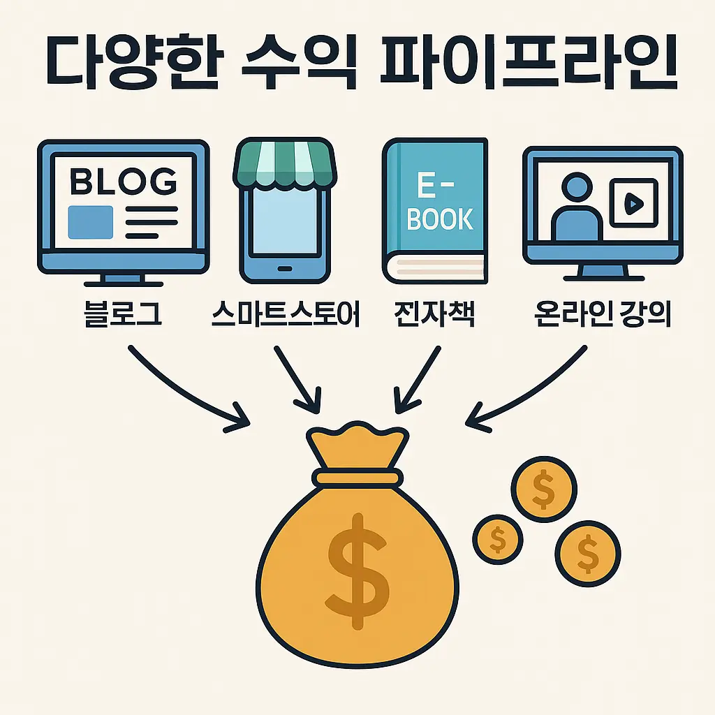 여러 개의 수익 파이프라인이 동시에 작동하는 구조를 표현한 인포그래픽