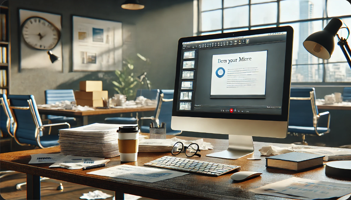 사무실 책상에 파워포인트 슬라이드가 표시된 컴퓨터 모니터가 있는 사실적인 이미지