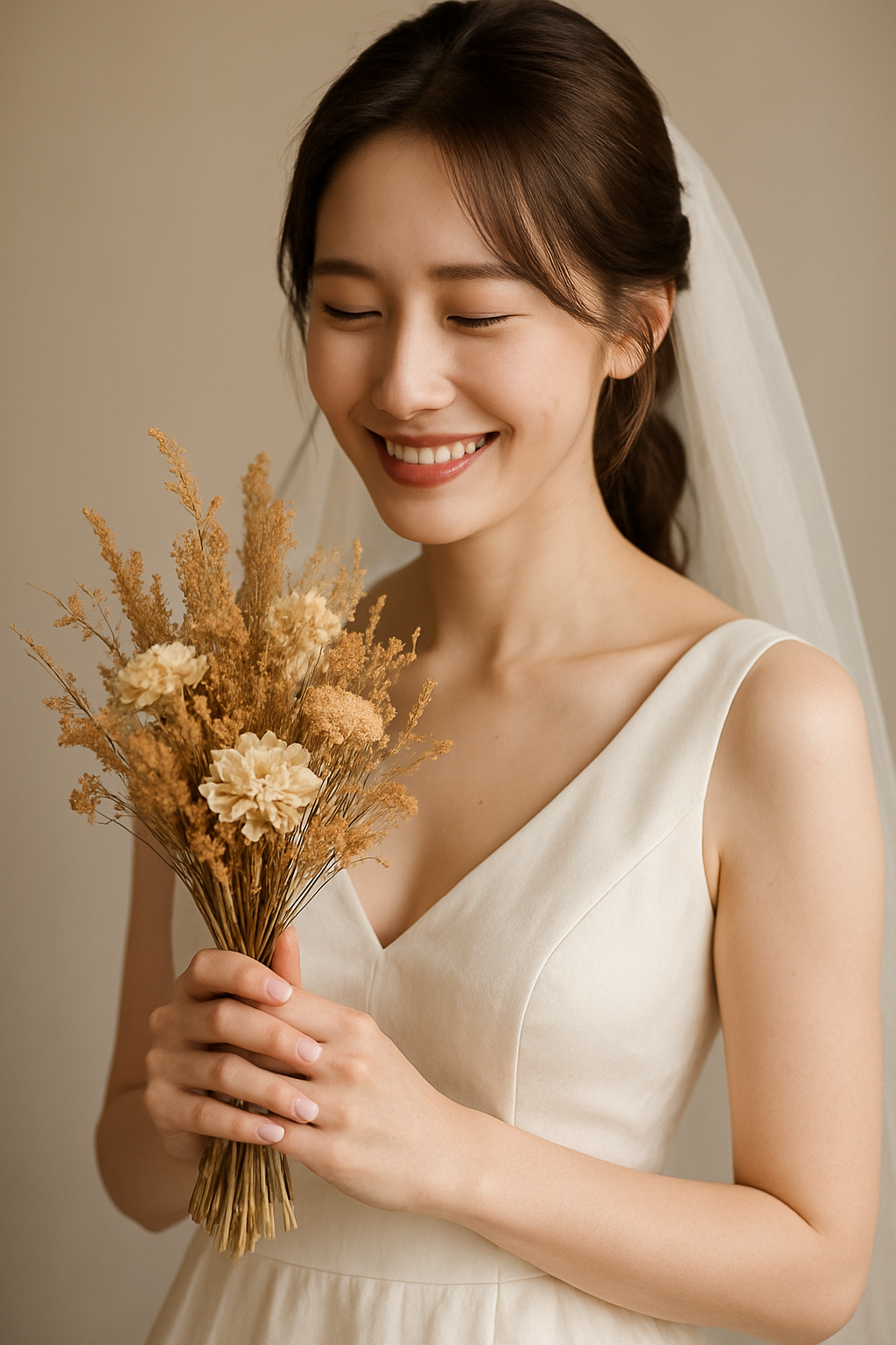 A warm moment of a bride in a wedding dress smiling while holding a small bouquet made of dried flowers