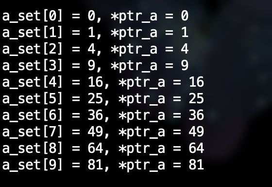 screenshot of terminal console, showing the result of an example program to demonstrate pointer and array in C language