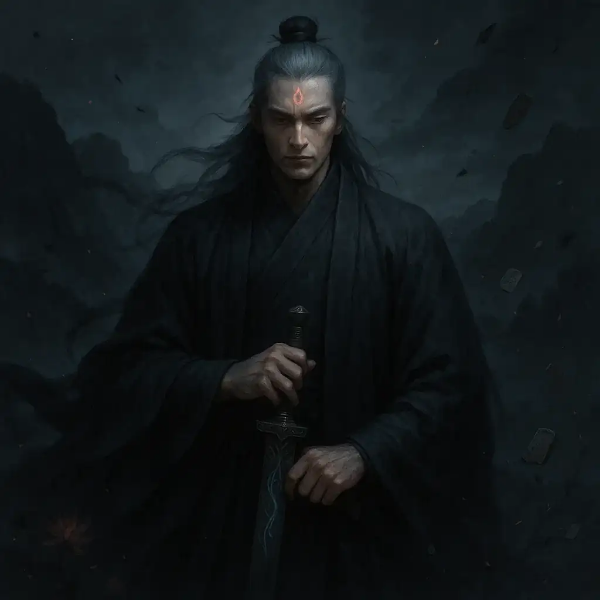 이마에는 붉은 문양이 새겨져 있고, 긴 머리와 검은 무복이 신비로운 분위기를 자아내는 환상적 인물 일러스트