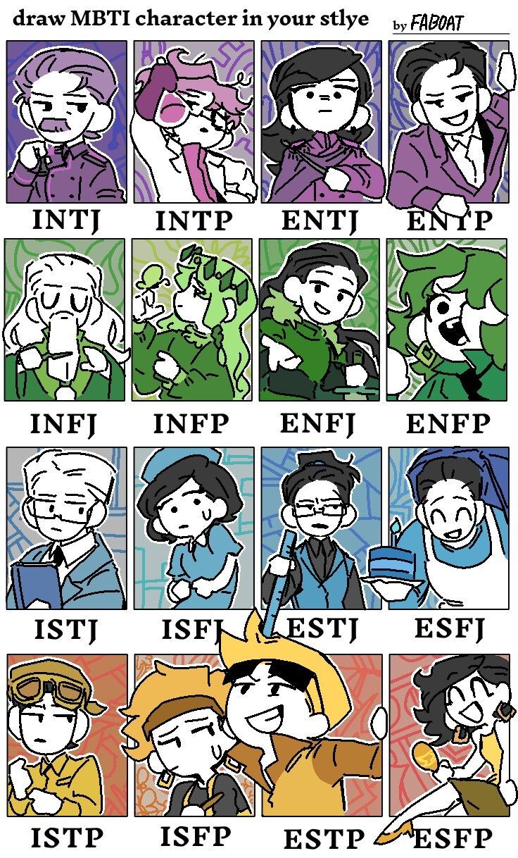 MBTI 16가지 성격유형 ESTP - 활동가 ESTJ - 친선형 ISTP - 만능형 ISTJ - 신중형 ESFP - 모험가 ESFJ - 사교형 ISFP - 예술가 ISFJ - 친절형 ENFP - 재기발랄형 ENFJ - 정열적인 지도자형 INFP - 열정가 INFJ - 선의의 옹호자형 ENTP - 논쟁가 ENTJ - 대담한 통솔자형 INTP - 사색가 INTJ - 전략가