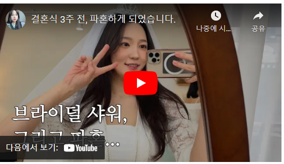  유튜브 오늘의요정 결혼식 3주 전 파혼 영상 '브라이덜 샤워 이틀 만에 파혼 결정'