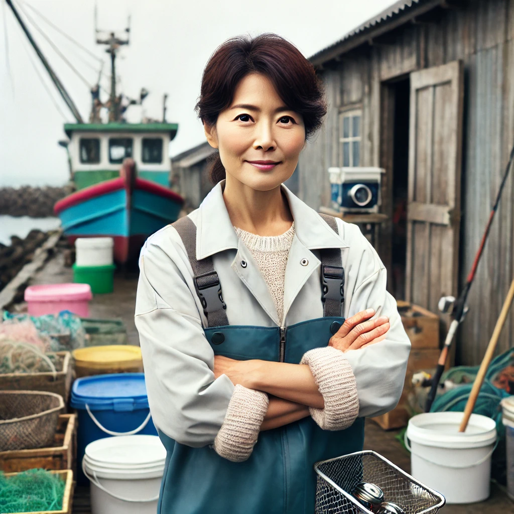 어촌 배경 앞에 선 중년 여성 어부의 자신감 있는 모습 