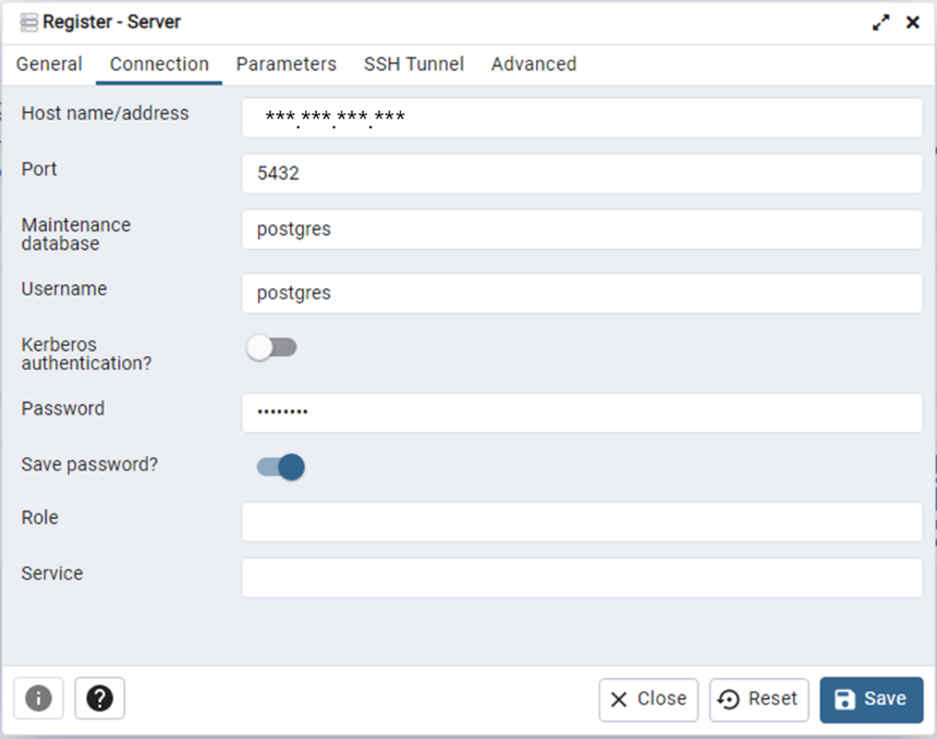 pgAdmin 4 접속정보 Connection 탭 입력화면