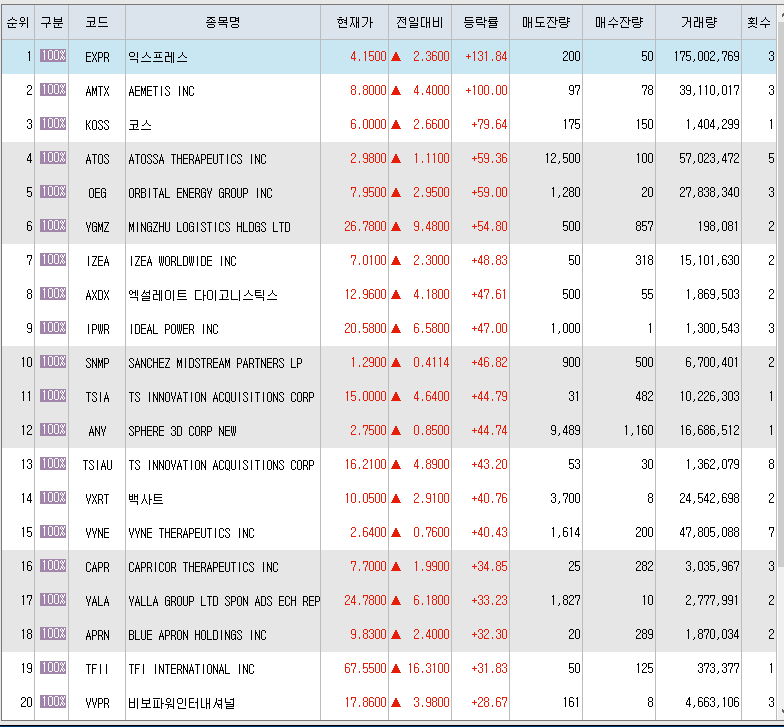  1월25일 미국주식 상승률 상위 종목 TOP 300