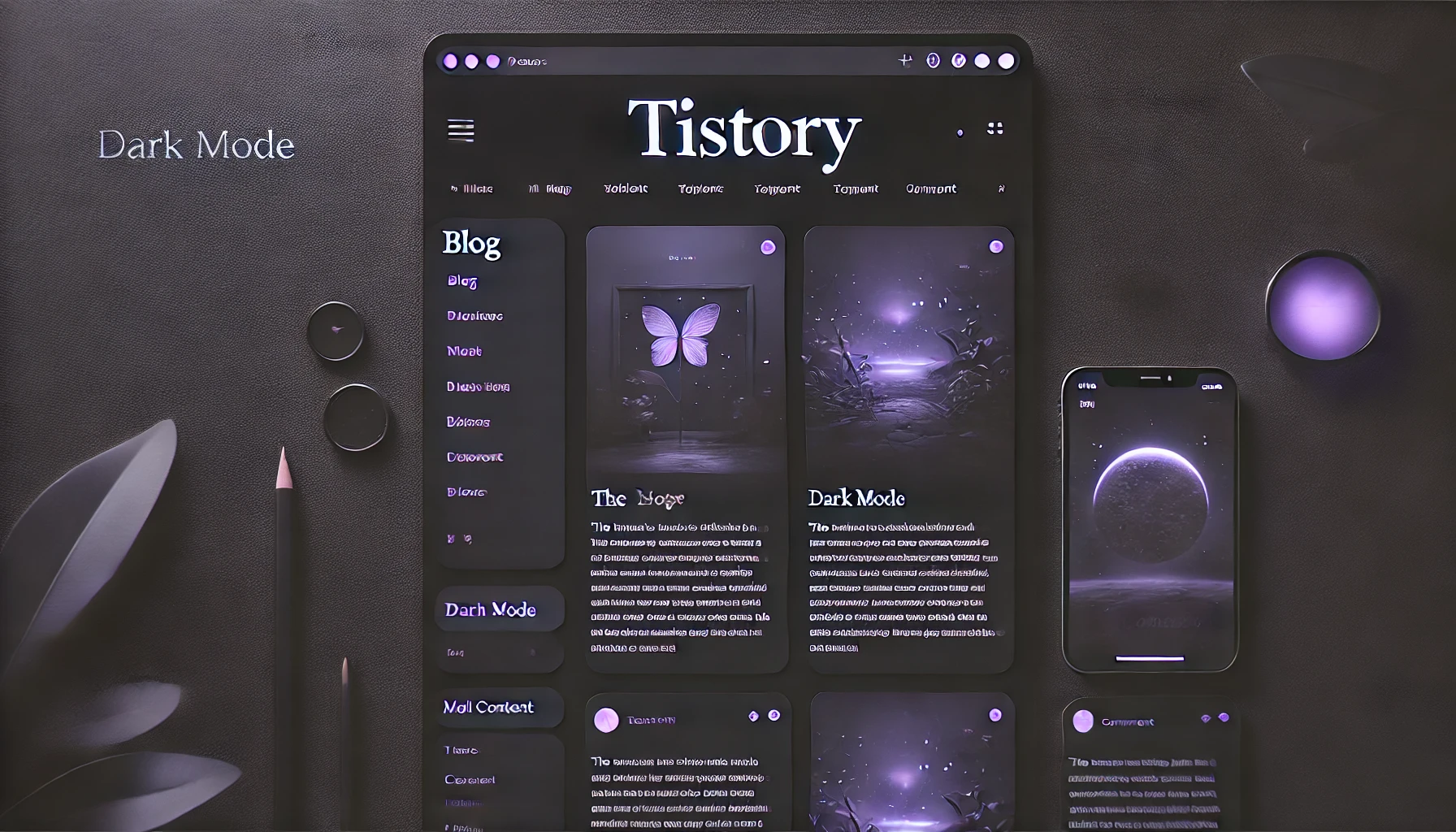 검은색 배경, 흰색 텍스트, 보라색 링크가 포함된 기본적인 다크 모드, 블로그 헤더, 게시글 목록, 댓글 섹션이 포함되어 가독성이 높고 명확한 스타일, 어두운 환경에서도 편안한 시각적 대비를 제공
