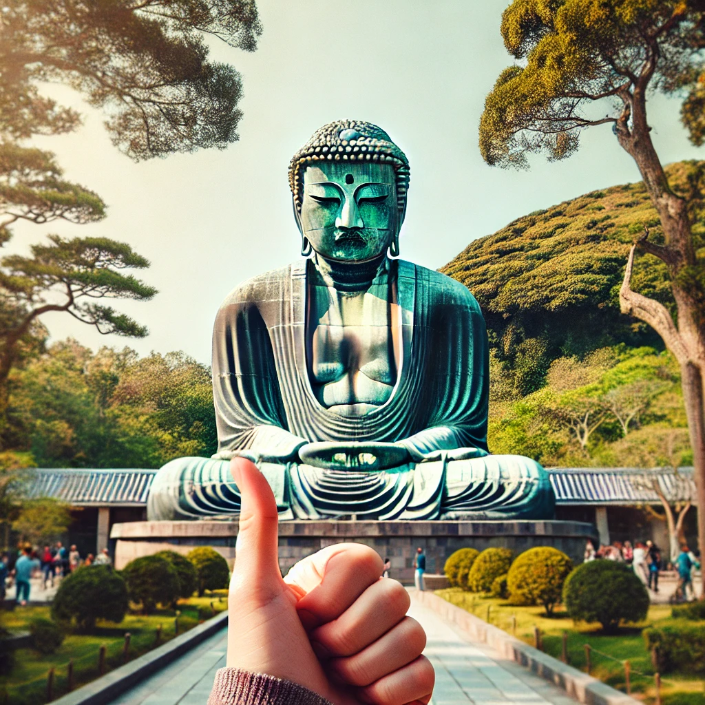 가마쿠라 대불(Daibutsu)을 묘사한 이미지로, 거대한 청동 불상이 야외에 자리 잡고 있으며, 주변의 나무들과 함께 고요하고 평화로운 분위기를 자아내고 있습니다.