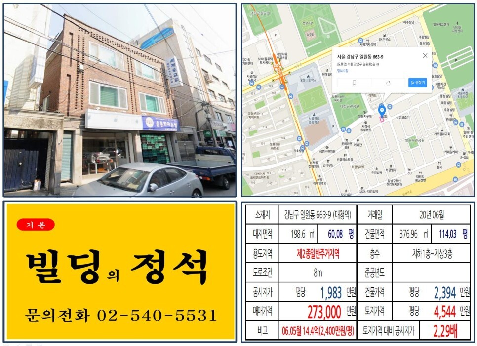  [강남구 신축부지 20억 꼬마빌딩 실거래가 조회] 일원동 663-9 (대청역) 27억 3,000만 원, 평당 4,544만 원 매매되었습니다. 개포한신아파트, 디에이치자이개포아파트