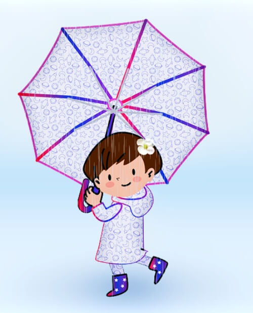 우산 들고 빗길을 걷는 아이