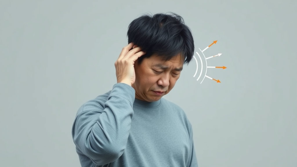 귀 옆을 짚으며 고통스러워하는 남성