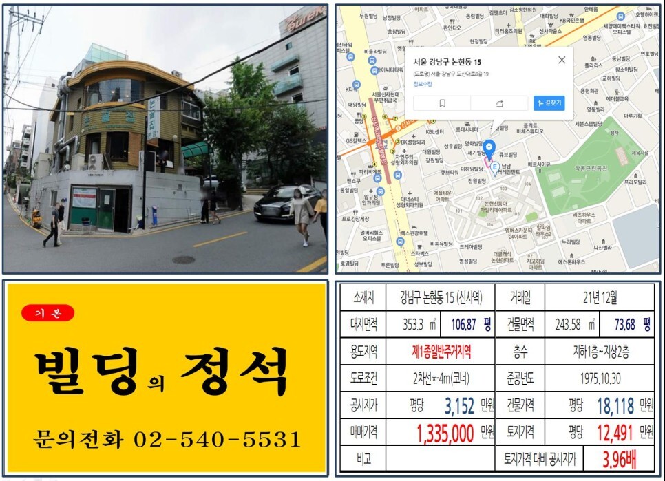  [강남구 도산대로 100억 빌딩 실거래가 조회] 논현동 15 (신사역) 133억 5,000만 원, 평당 1억 2,491만 원 매매되었습니다.