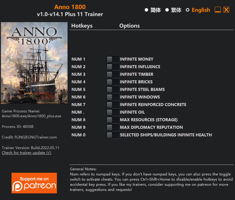 [트레이너] 한글판 아노 1800 영문판 Anno 1800 v1.0-v14.1 Plus 11 Trainer