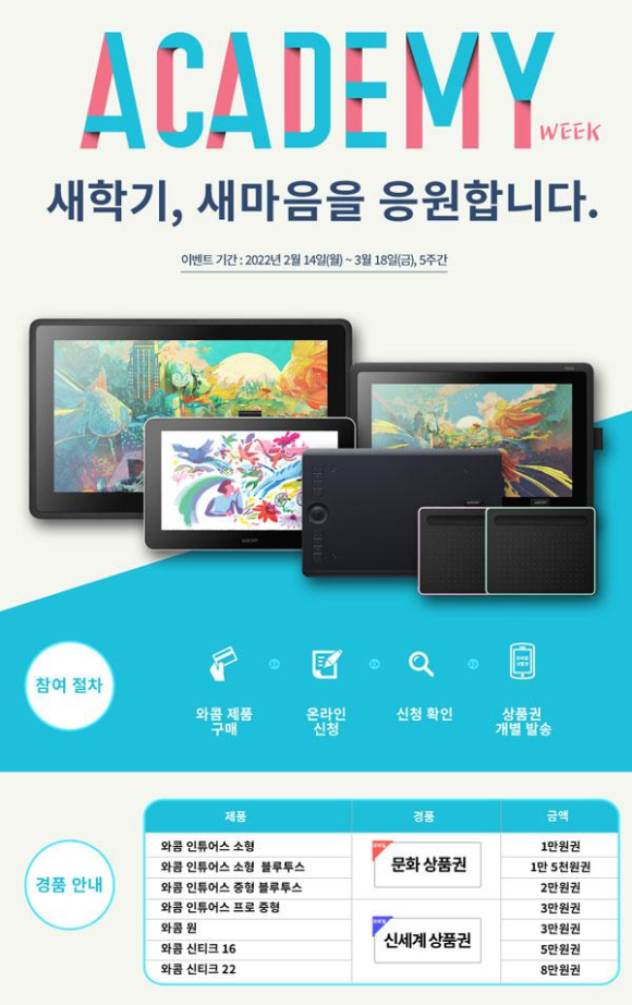 와콤 제품 구매 학생 전원에게 상품권 증정 프로모션 이벤트를 실시
